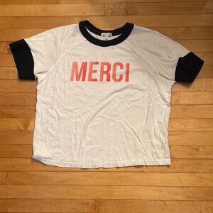 Sundry White Ringer Tee with Black Trim and Coral 'MERCI' Graphic
